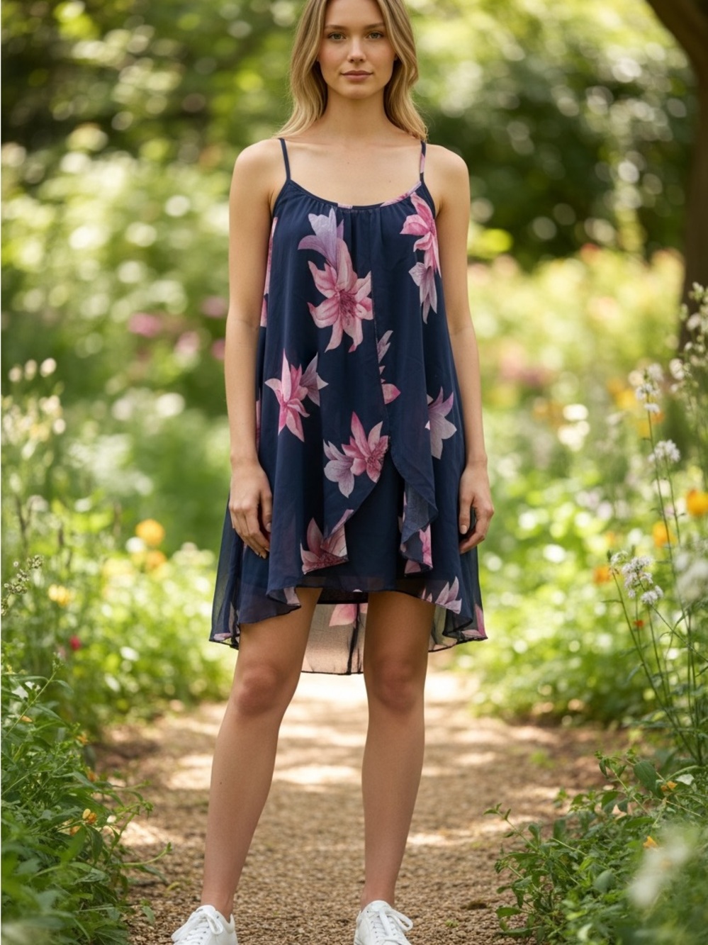Rosegal Navy Floral Spaghetti Strap Dress with Pink Accents